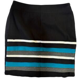 White House Black Market Layered Ruffle Stripe Pencil Skirt Black Teal Gray Sz 2